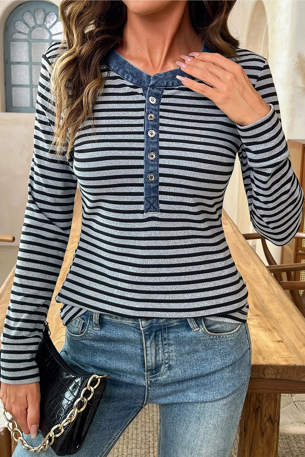 Stripe Denim Contrast Collar Half Button Long Sleeve Top, image 4