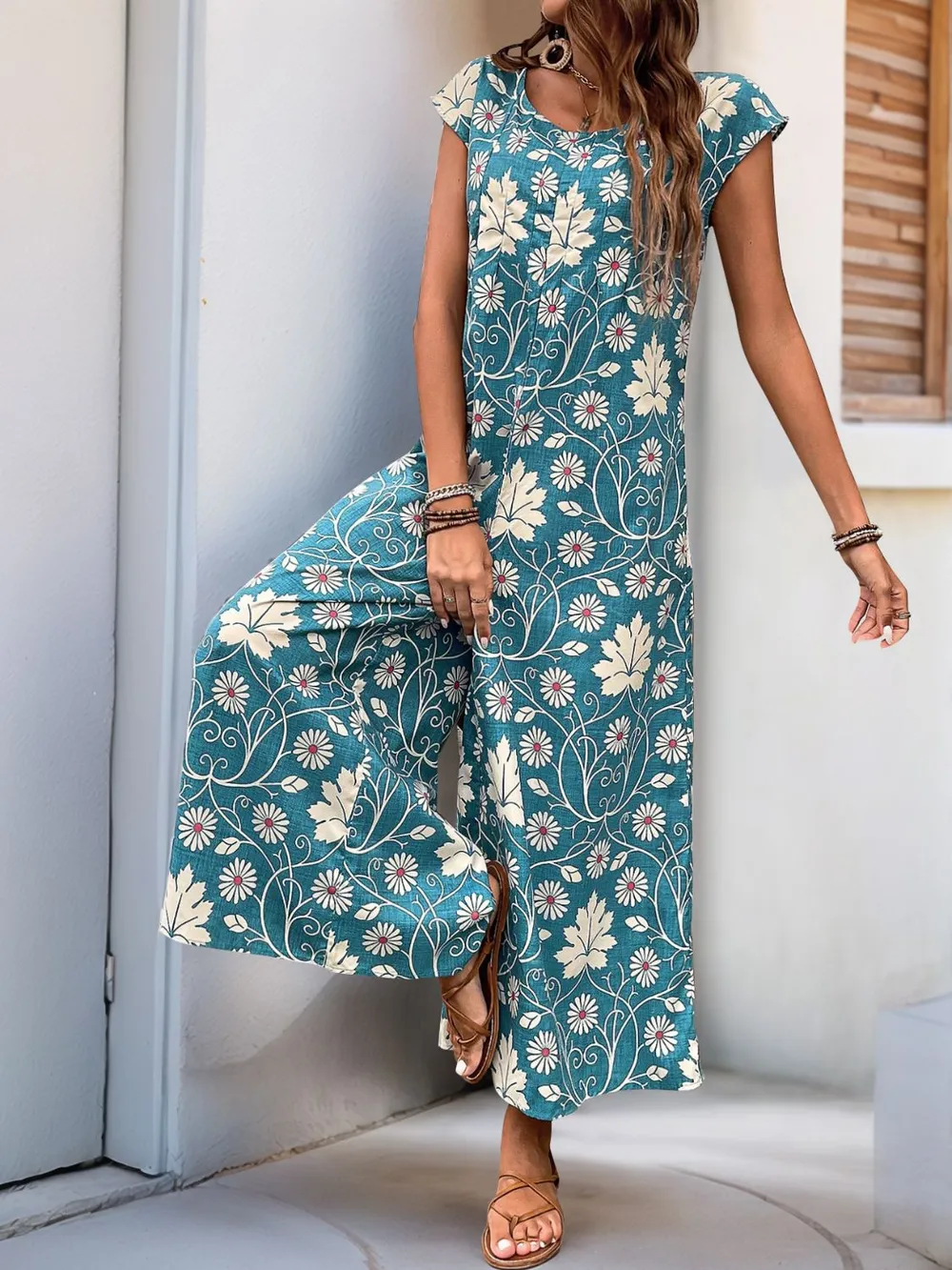 Printed Round Neck Cap Sleeve Wide Leg Jumpsuit, image 5