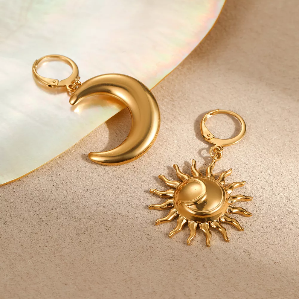18K Gold-Plated Asymmetrical Sun & Moon Earrings, image 2