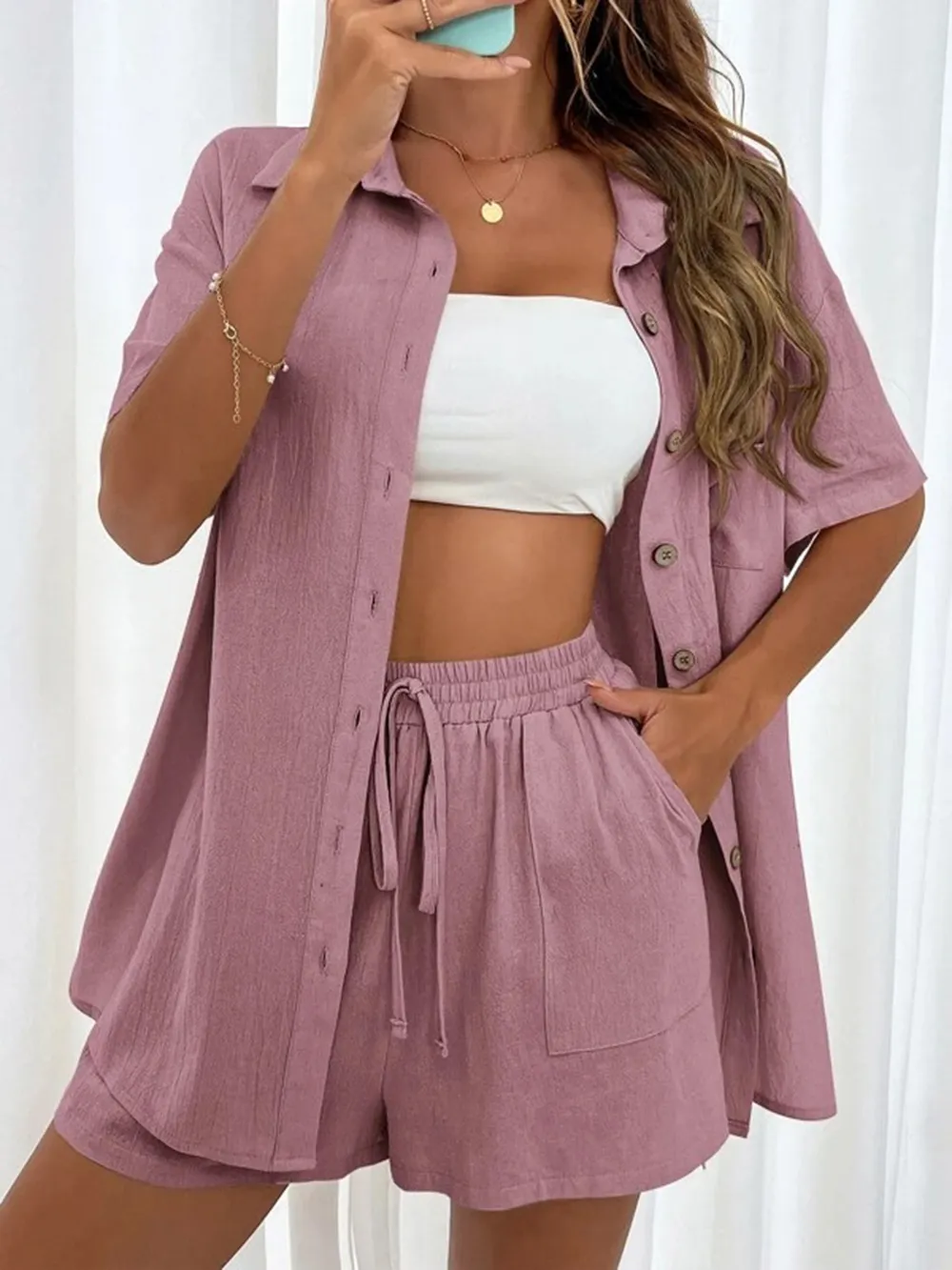 Button Up Shirt and Drawstring Shorts Set, image 7