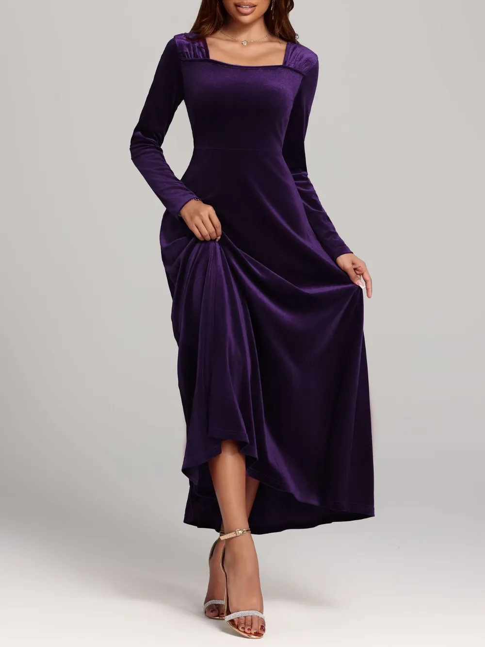 Square Neck Long Sleeve Velvet Dress, image 17
