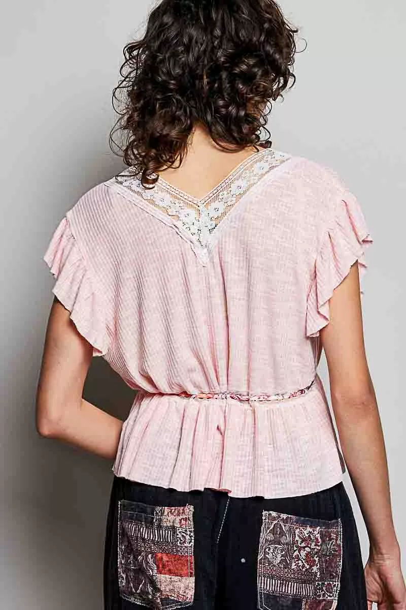 Tied Ruffled V-Neck Short Sleeve Blouse with Lace Detail, image 2