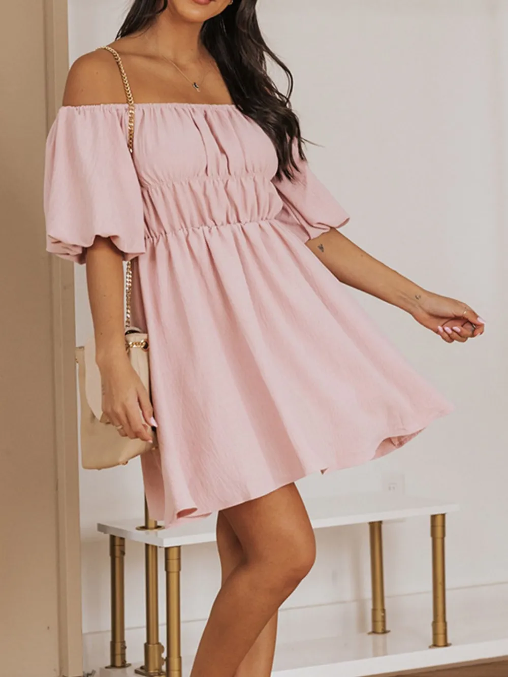 Off-Shoulder Puff Sleeve Mini Dress, image 4