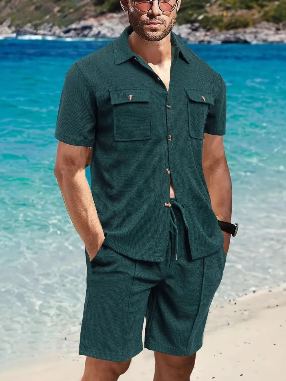 Men's Full Size Button Down Short Sleeve Top and Shorts Set Plus Size, image 2