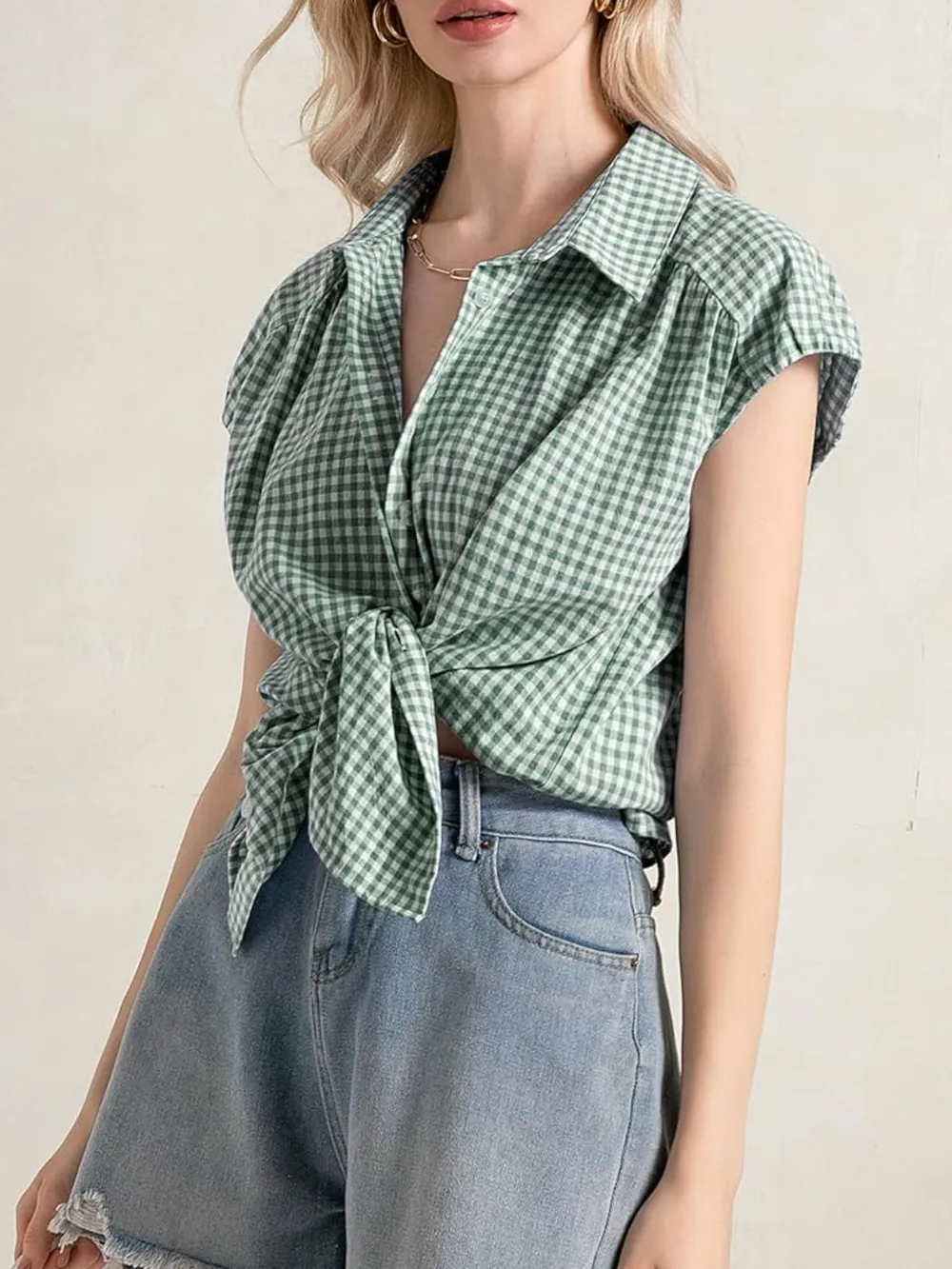 Plaid Button Up Cap Sleeve Shirt, image 19