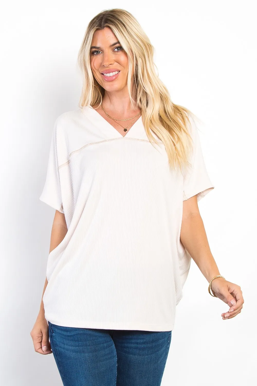 Full Size V-Neck Short Sleeve Ribbed Top