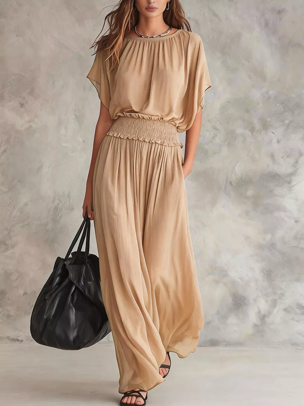 Chiffon Maxi Dress with Smocked Waist, image 7