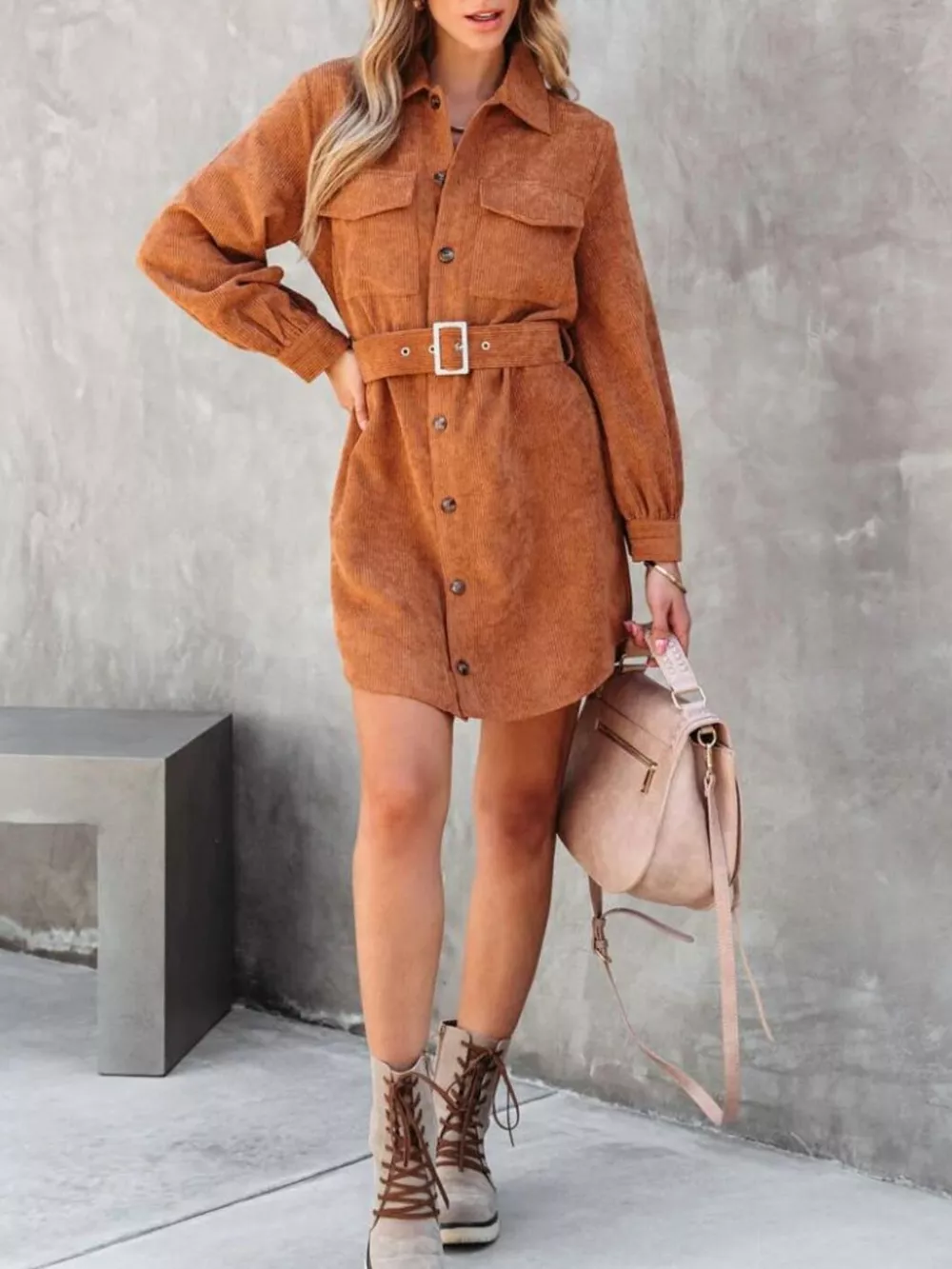 Button Front Belt Long Sleeve Corduroy Dress, image 10