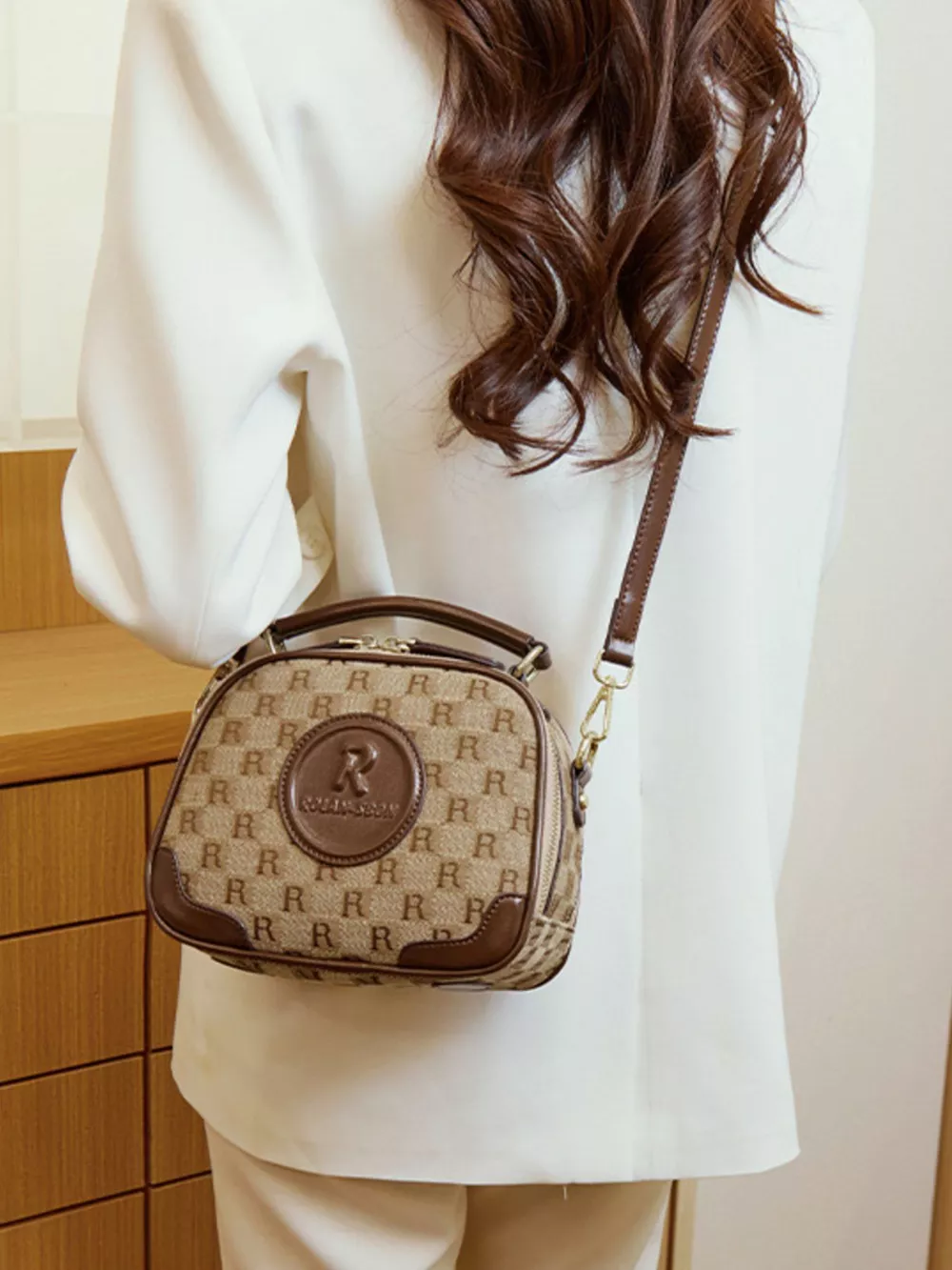 Monogram Pattern Crossbody Handbag with Top Handle, image 3