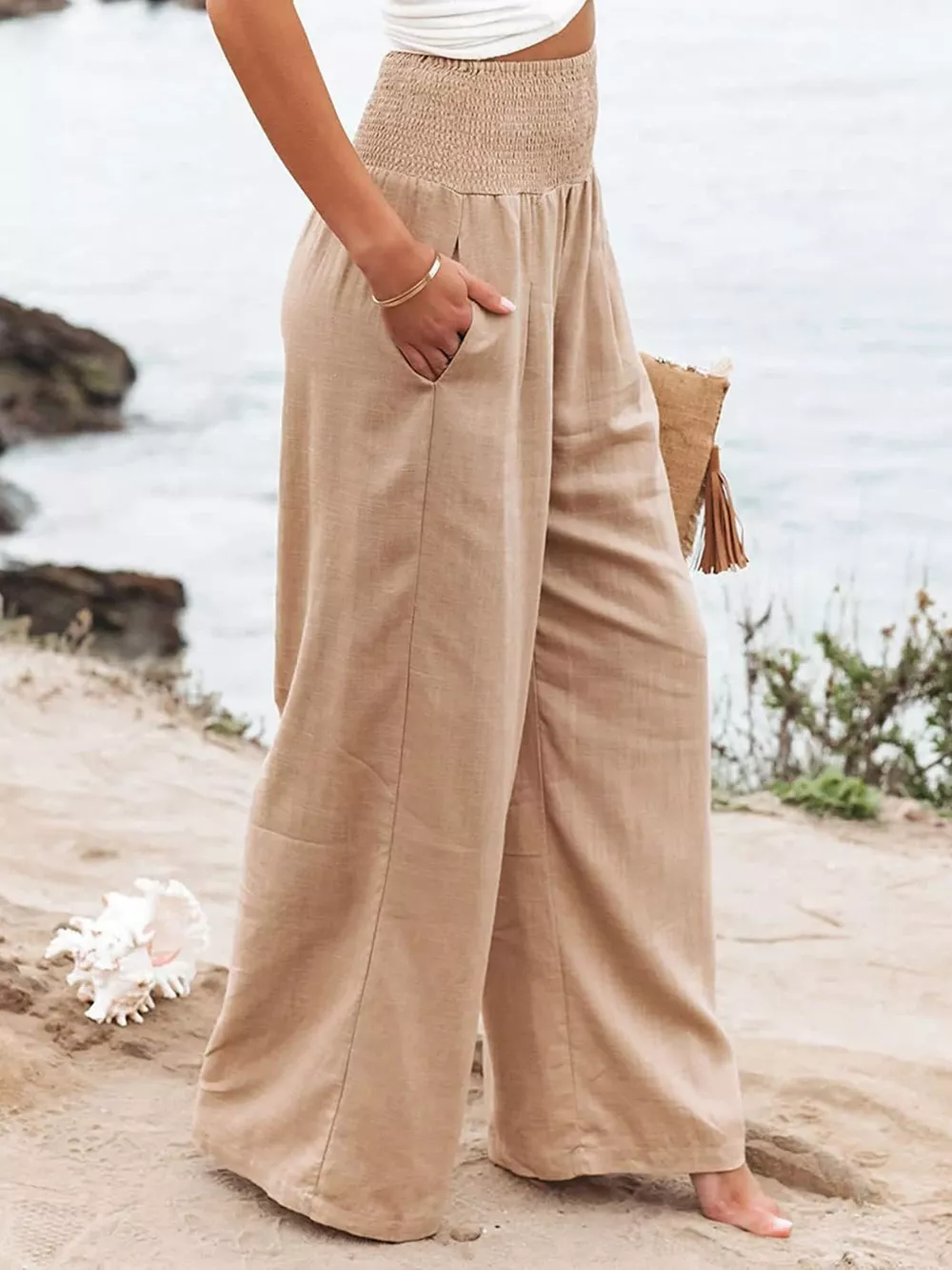 Smocked High Waisted Wide Leg Pants, image 12