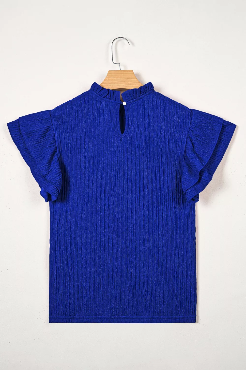 Solid Color Textured Ruffle Trim Short Sleeve Blouse, image 5