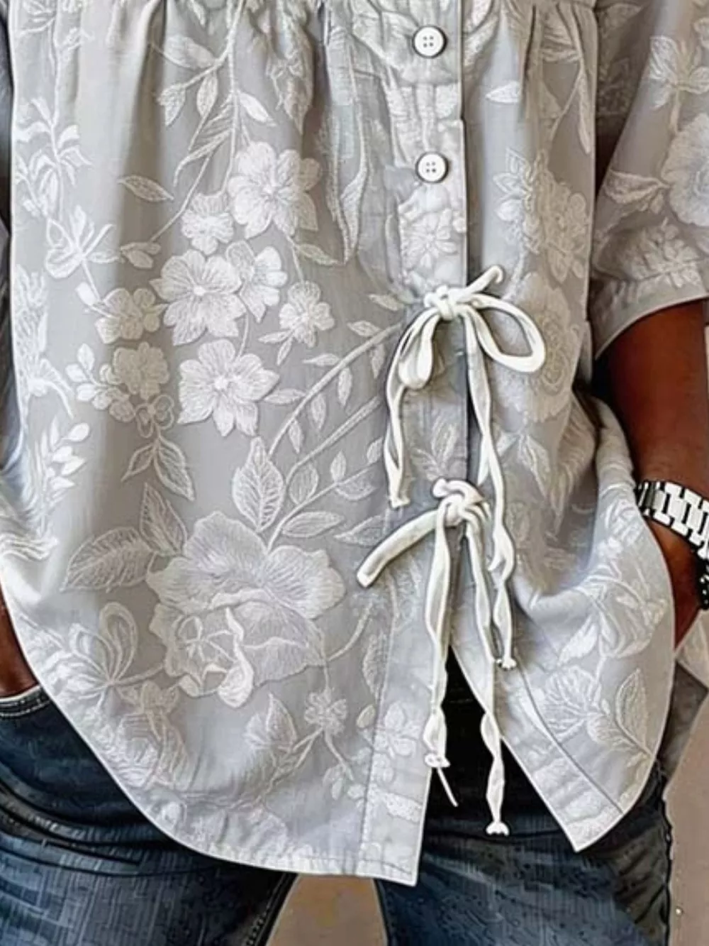Full Size Embroidered Floral Tie Front Shirt Plus Size, image 15