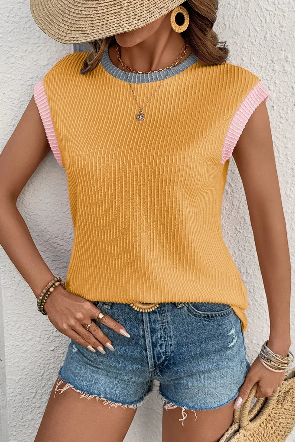 Contrast Trim Ribbed Knit Sleeveless Top, image 6