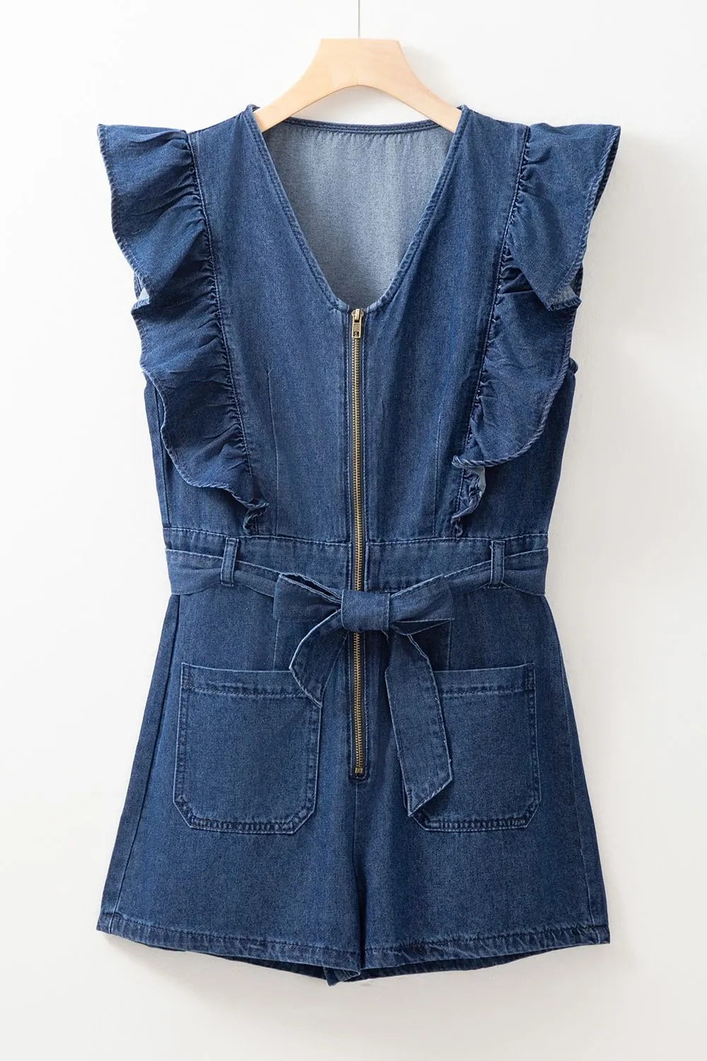 Denim Ruffled Zipped Front Belted Romper, image 2