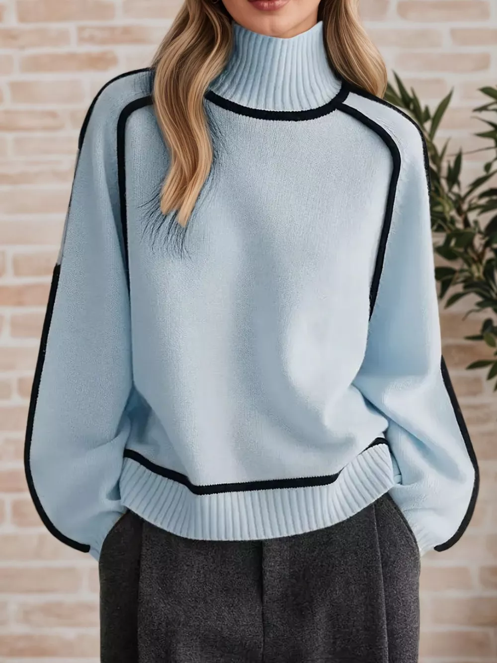Contrast Trim Turtleneck Sweater, image 3