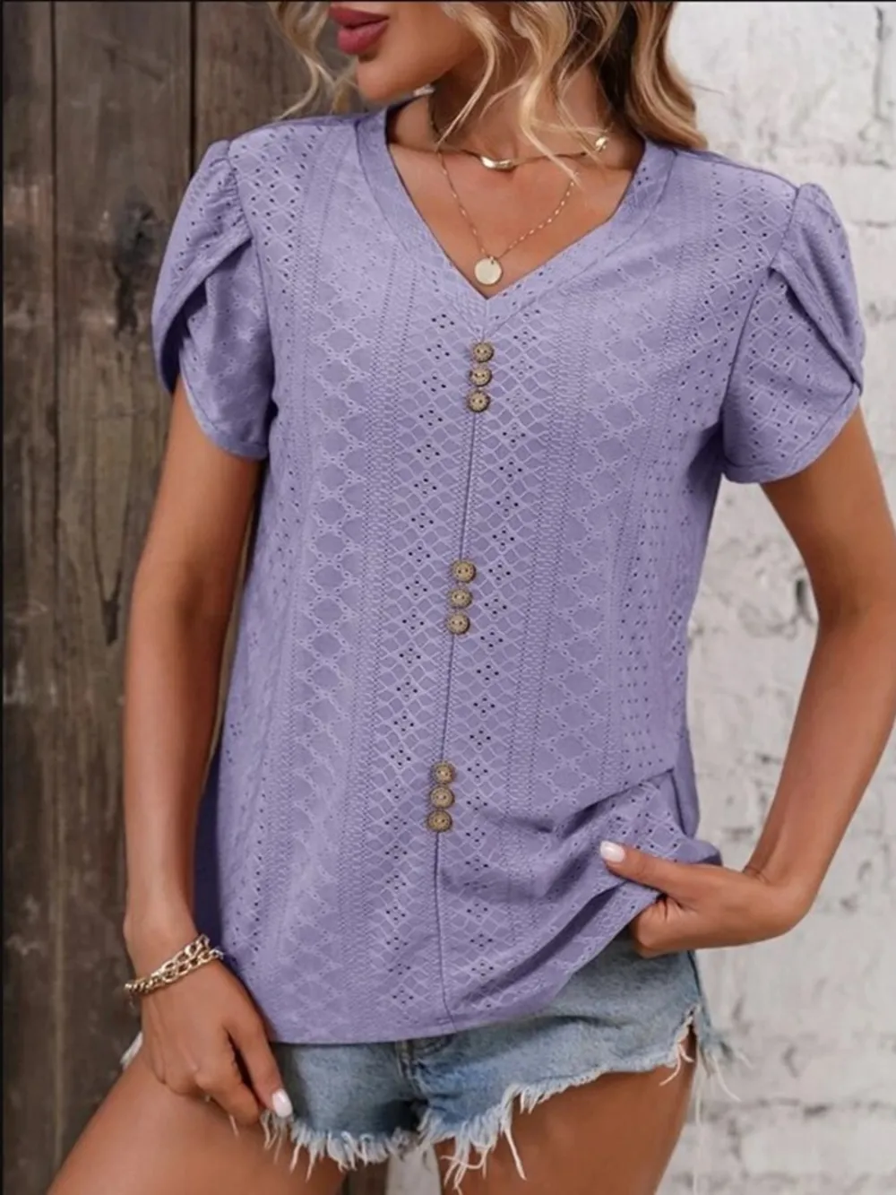 Eyelet V-Neck Petal Sleeve T-Shirt, image 4