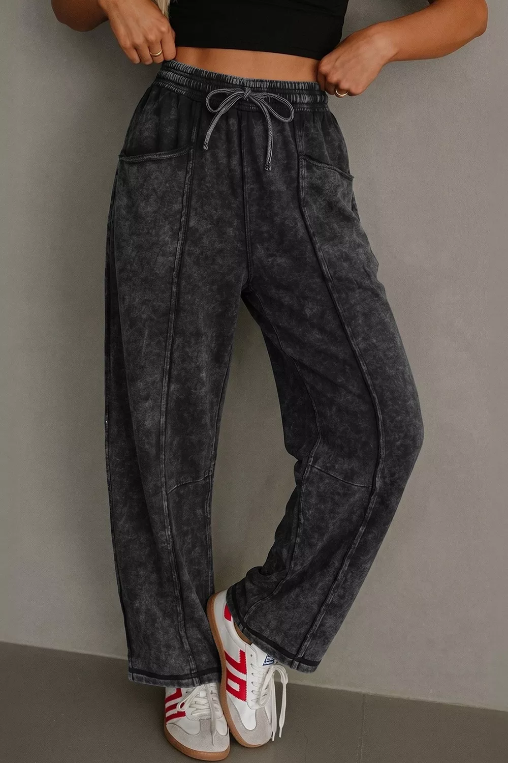 Mineral Wash Raw Seam Drawstring Elastic Waist Barrel Pants