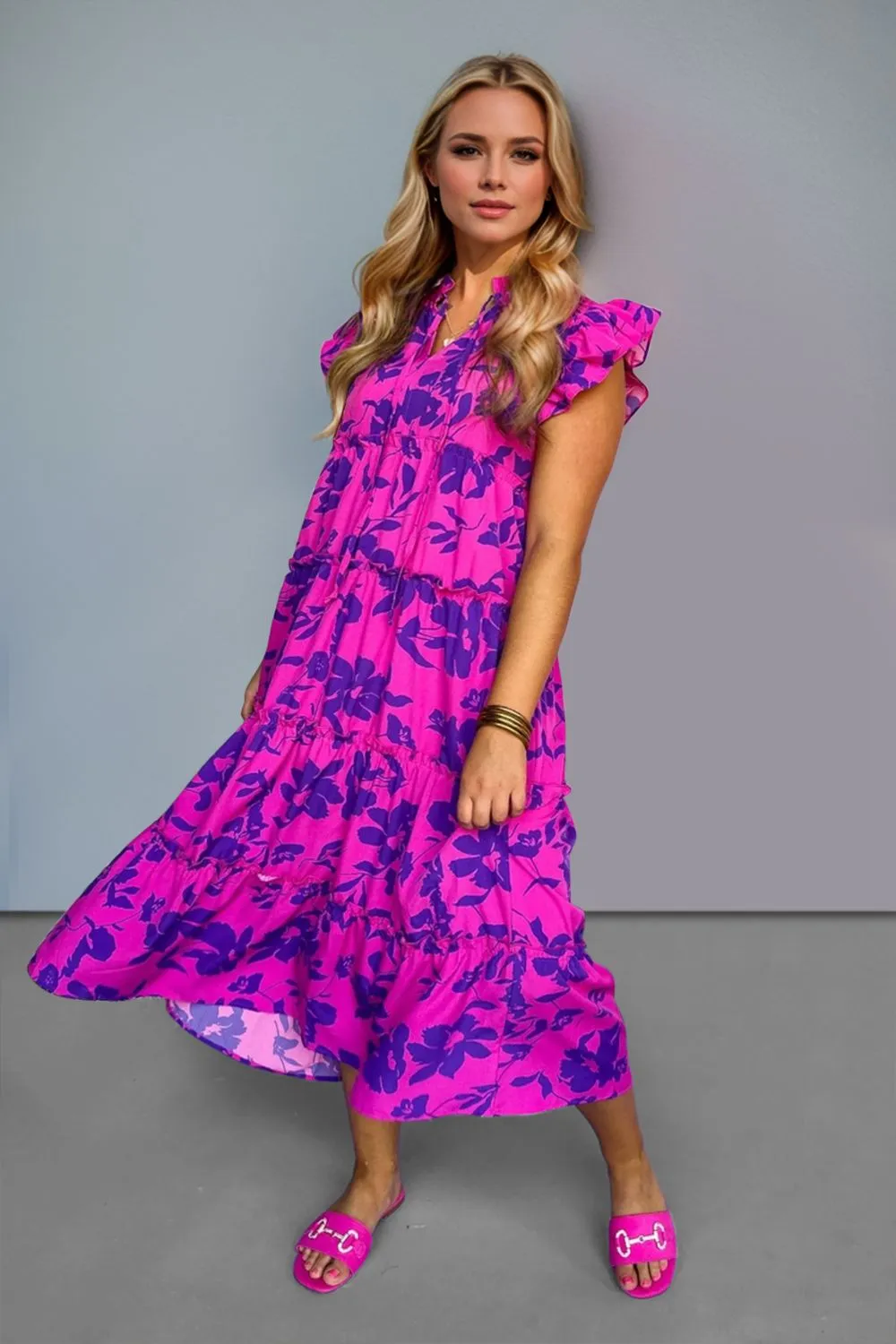 Full Size Ruffled Printed Notched Cap Sleeve Midi Dress, image 3
