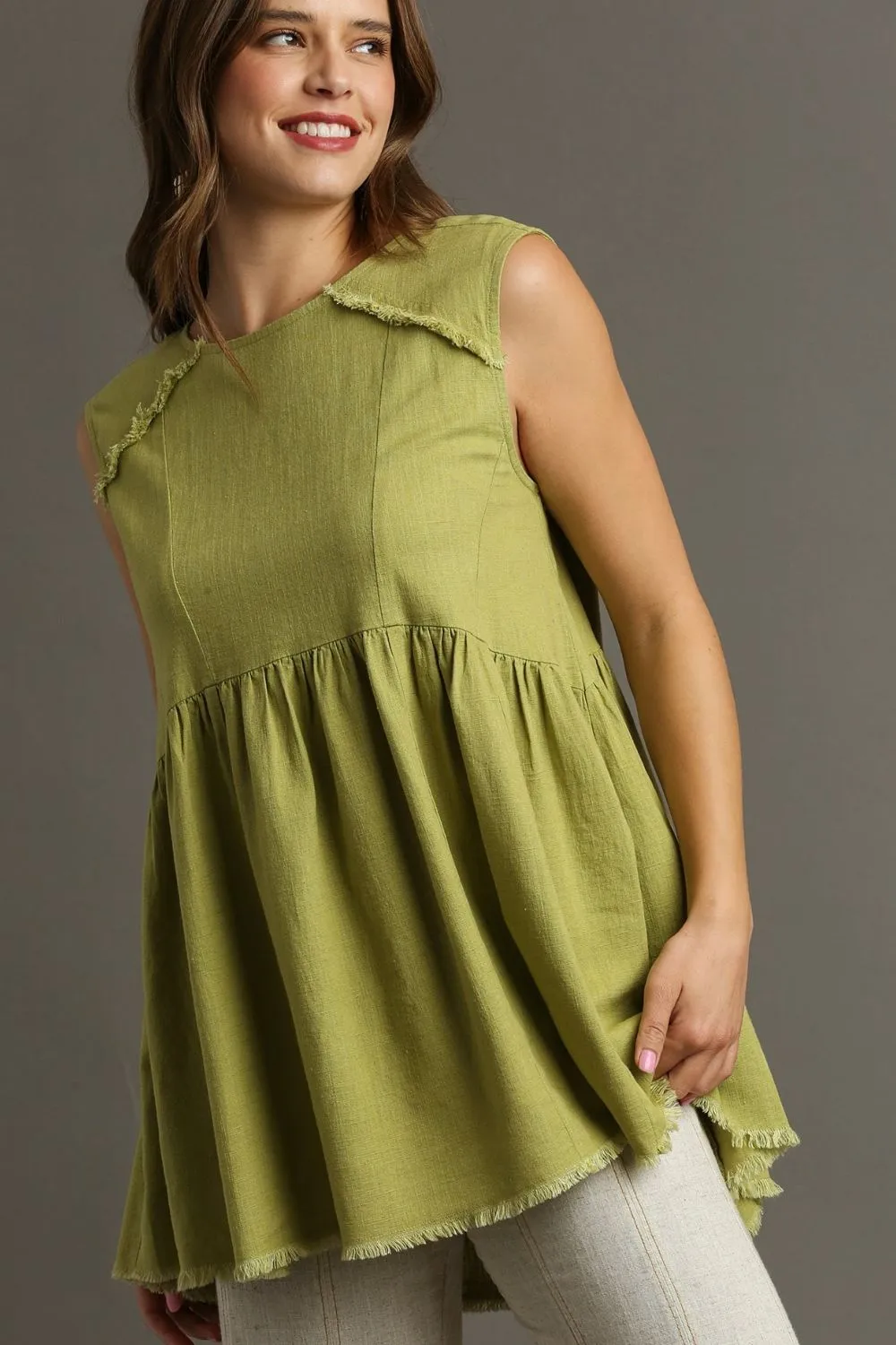 Full Size Raw Hem Linen Round Neck Sleeveless Top Plus Size
