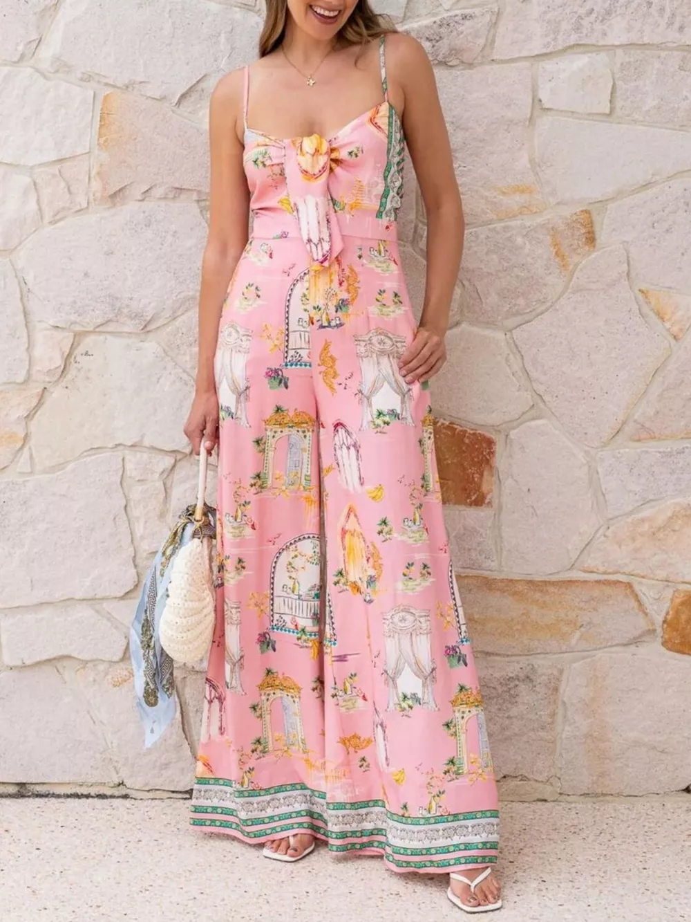 Printed Tie-Front Wide Leg Jumpsuit, image 3