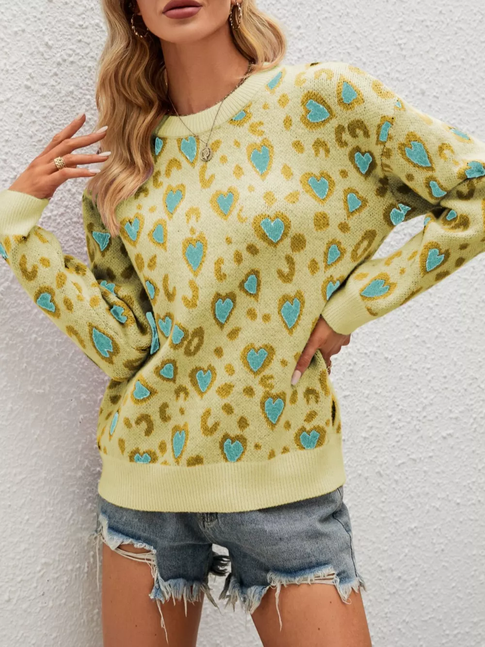 Heart Round Neck Long Sleeve Sweater, image 3