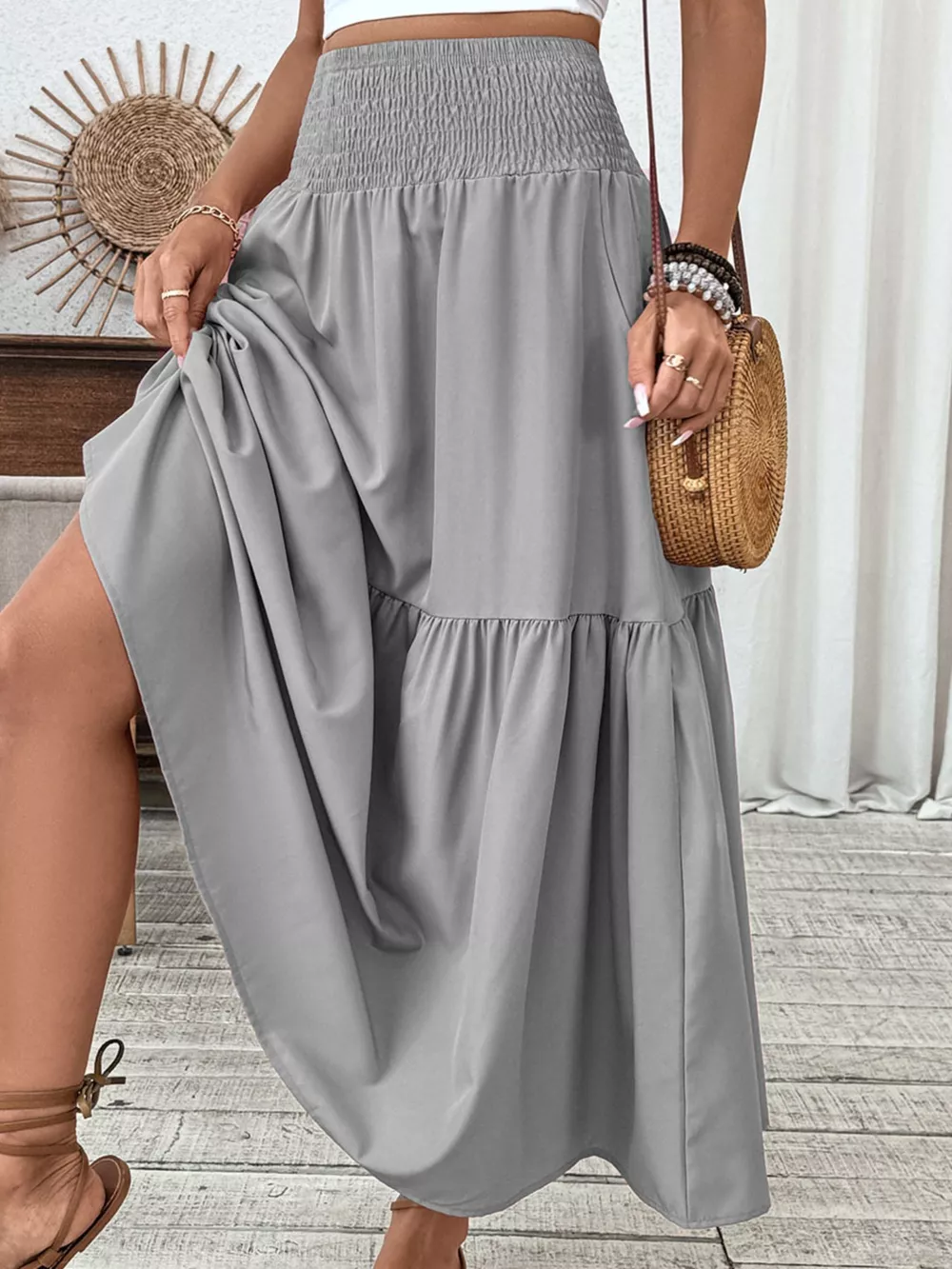 Smocked Waist Tiered Skirt, image 3