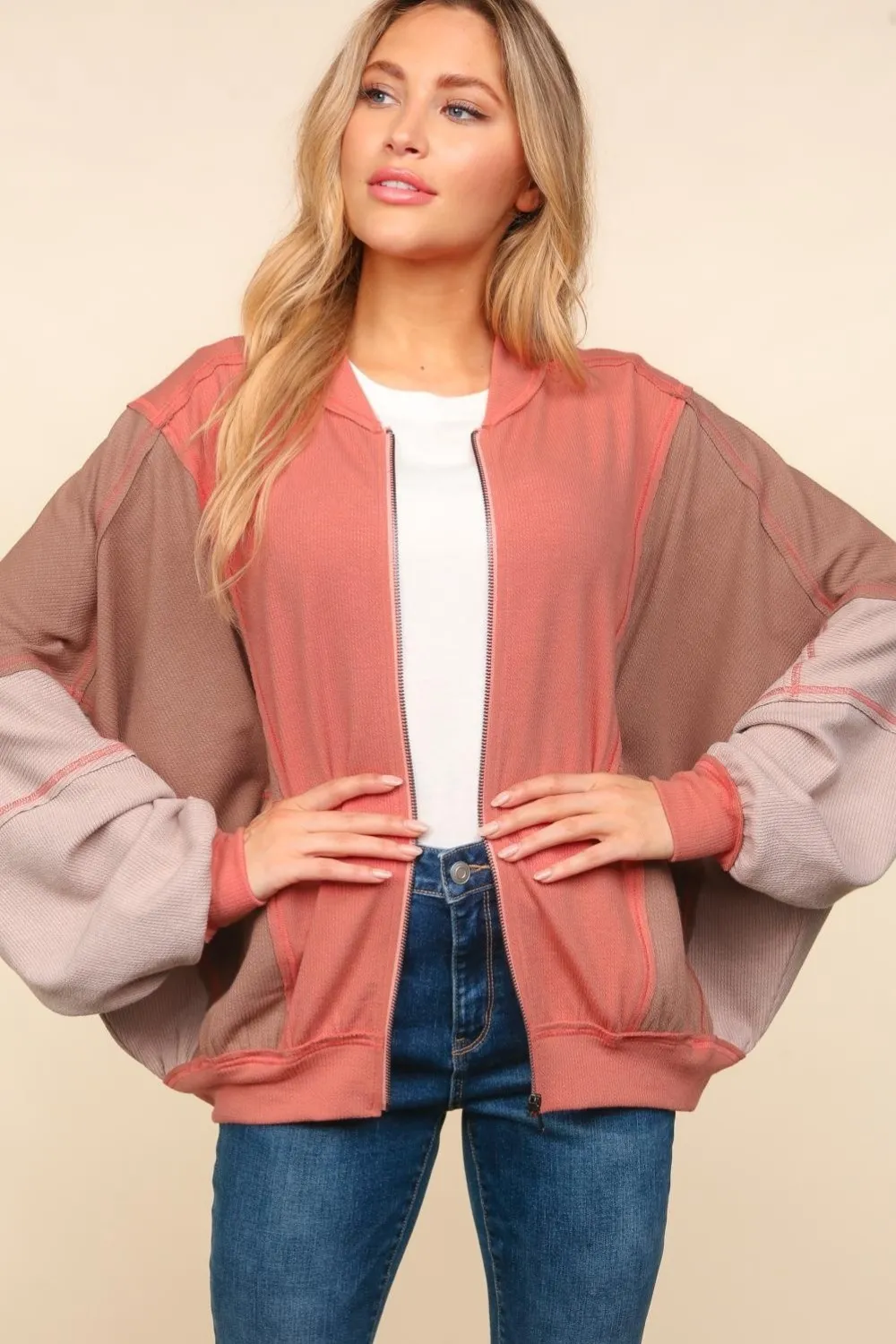 Zip Up Color Block Bomber Jacket with Side Pockets, image 3