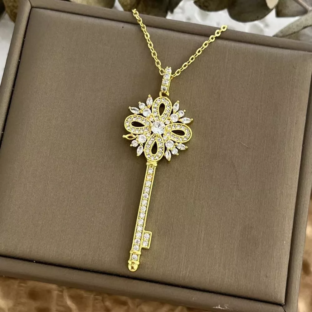 18K Gold-Plated Zircon Key Pendant Necklace, image 2