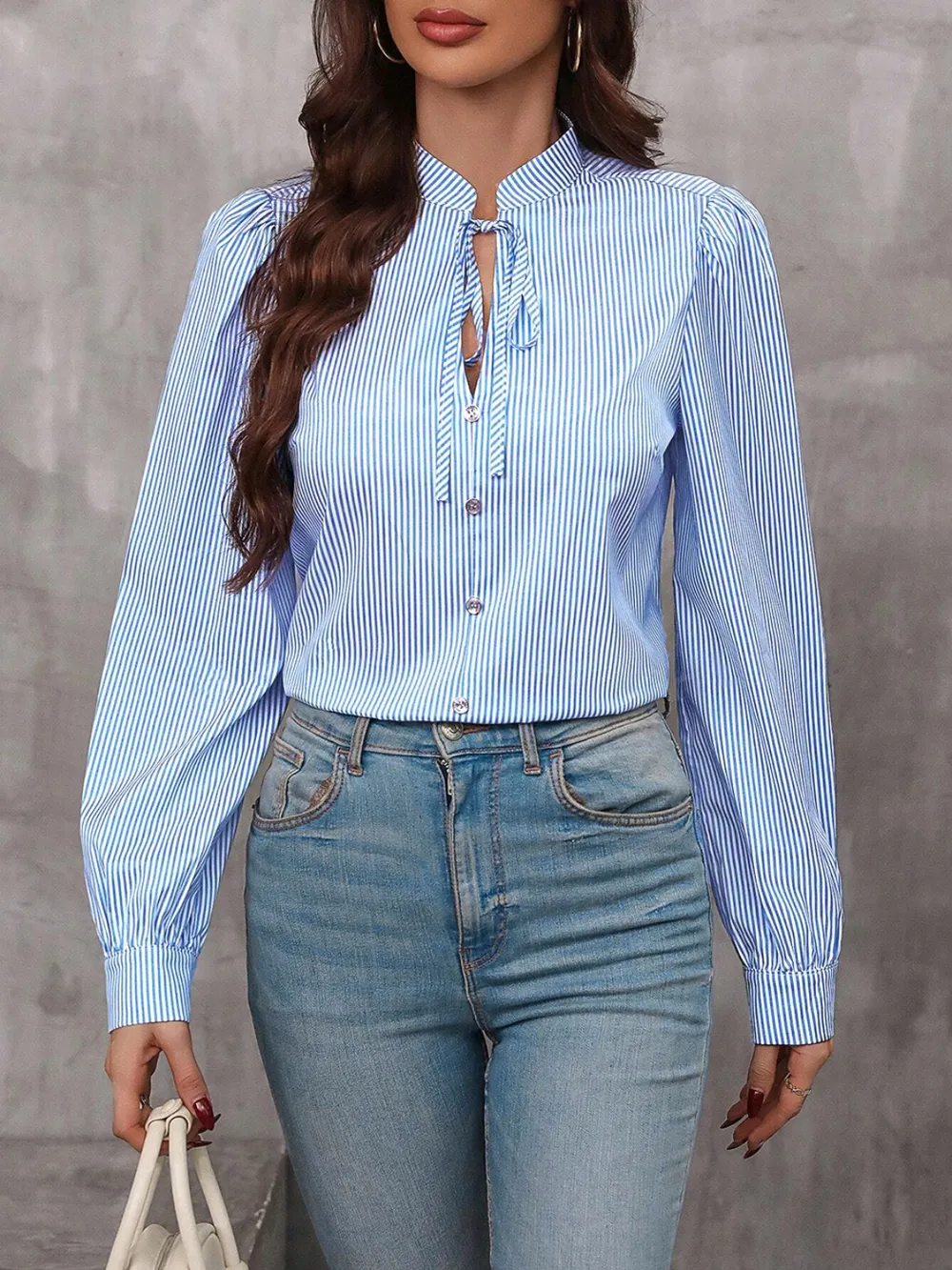 Striped Tie Neck Long Sleeve Blouse, image 20