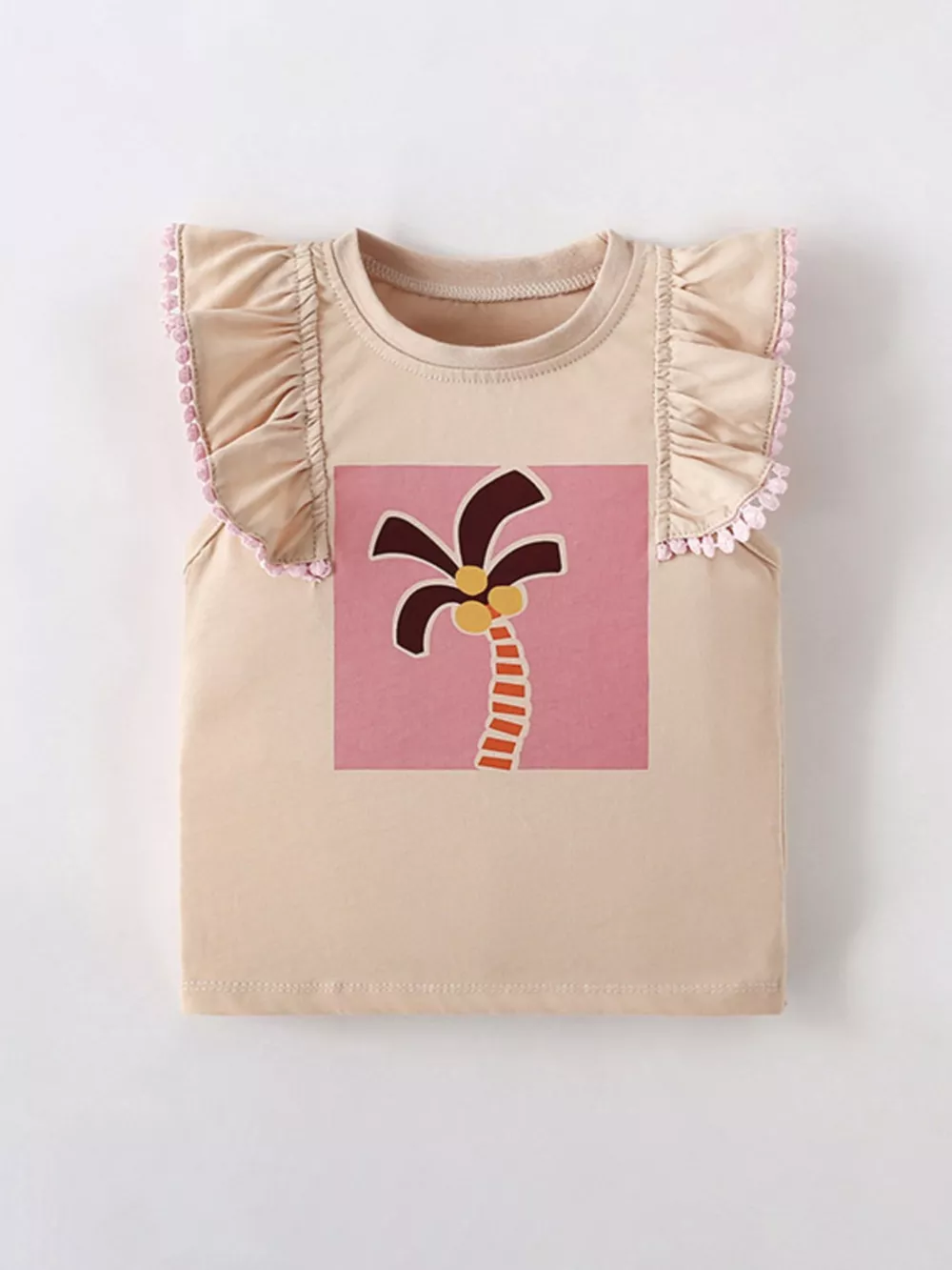 Children's Sleeveless Palm Tree Graphic T-Shirt with Ruffle Trim