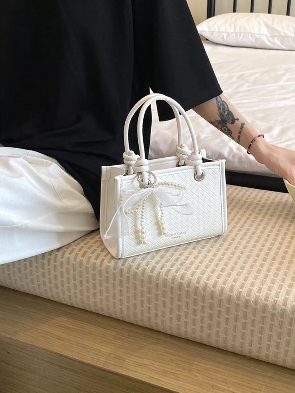 Elegant Bow Pearl Embellished Crossbody Bag, image 6