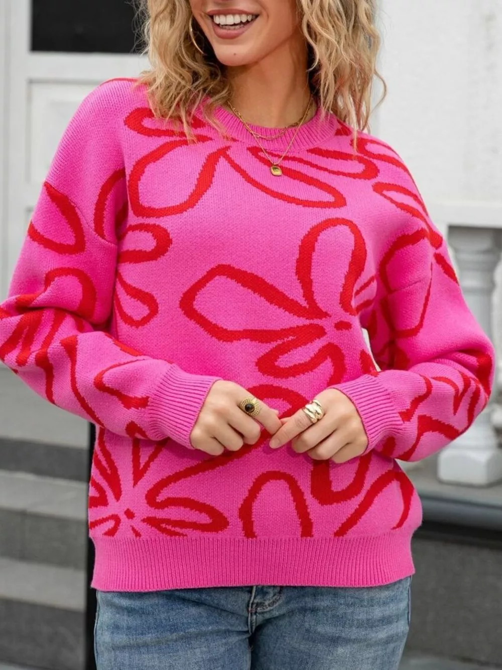 Flower Crew Neck Long Sleeve Sweater, image 14