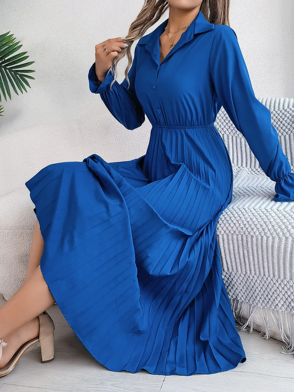Pleated Half Button Long Sleeve Midi Dress, image 8