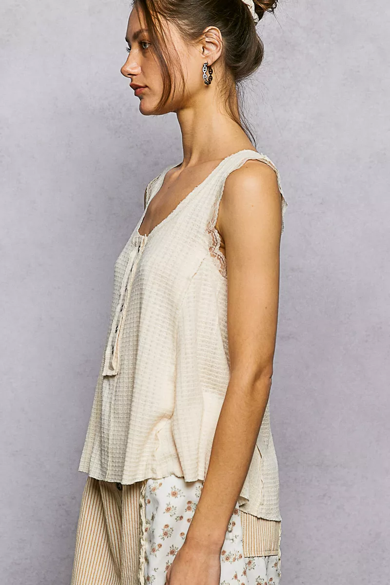 Textured Knit Round Neck Tank with Lace Detail, image 3