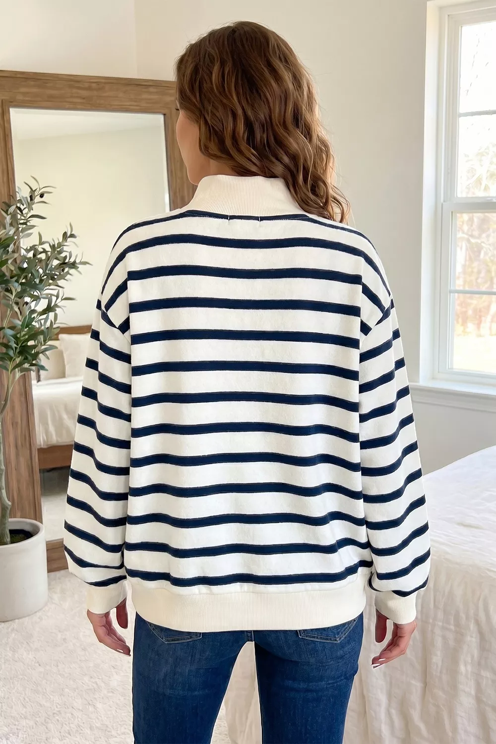 Striped Stand Neck Long Sleeve Ribbed Cuff Hem Sweatshirt, image 2