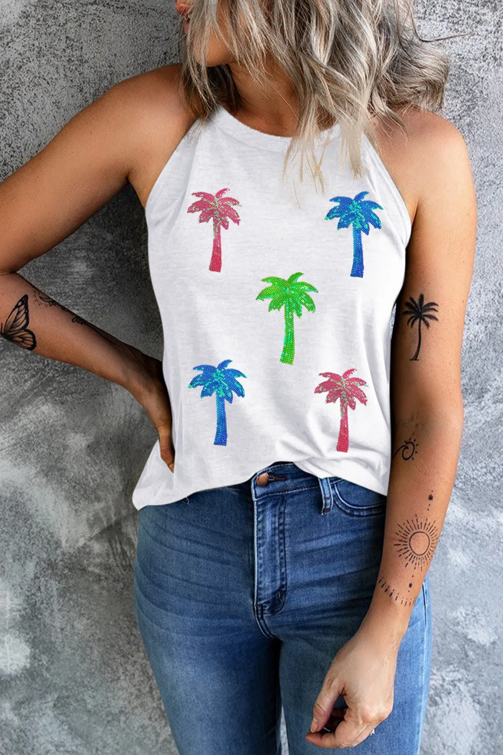 Sequin Coconut Tree Round Neck Tank, image 2