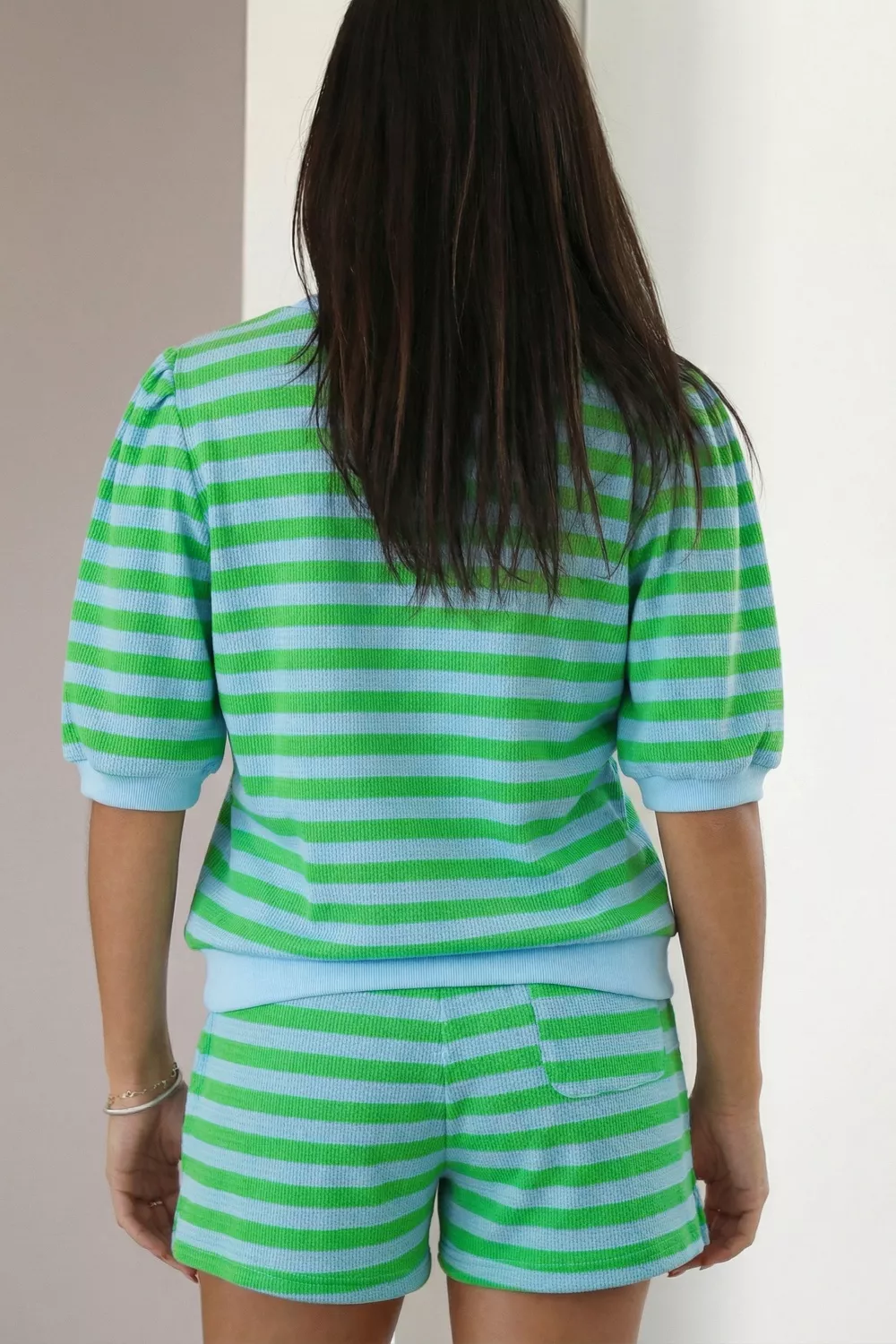 Stripe Colorblock Detail Puff Sleeve Top Drawstring Shorts 2pcs Outfit, image 3