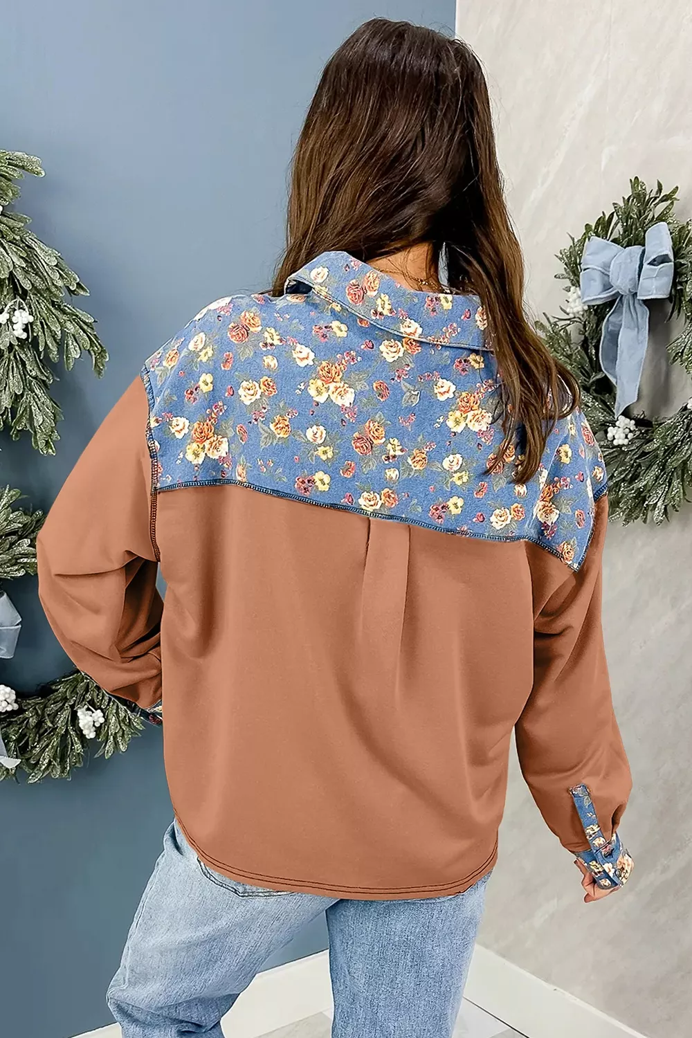 Floral Denim Patchwork Collar V Neck Long Sleeve Pullover Top, image 12