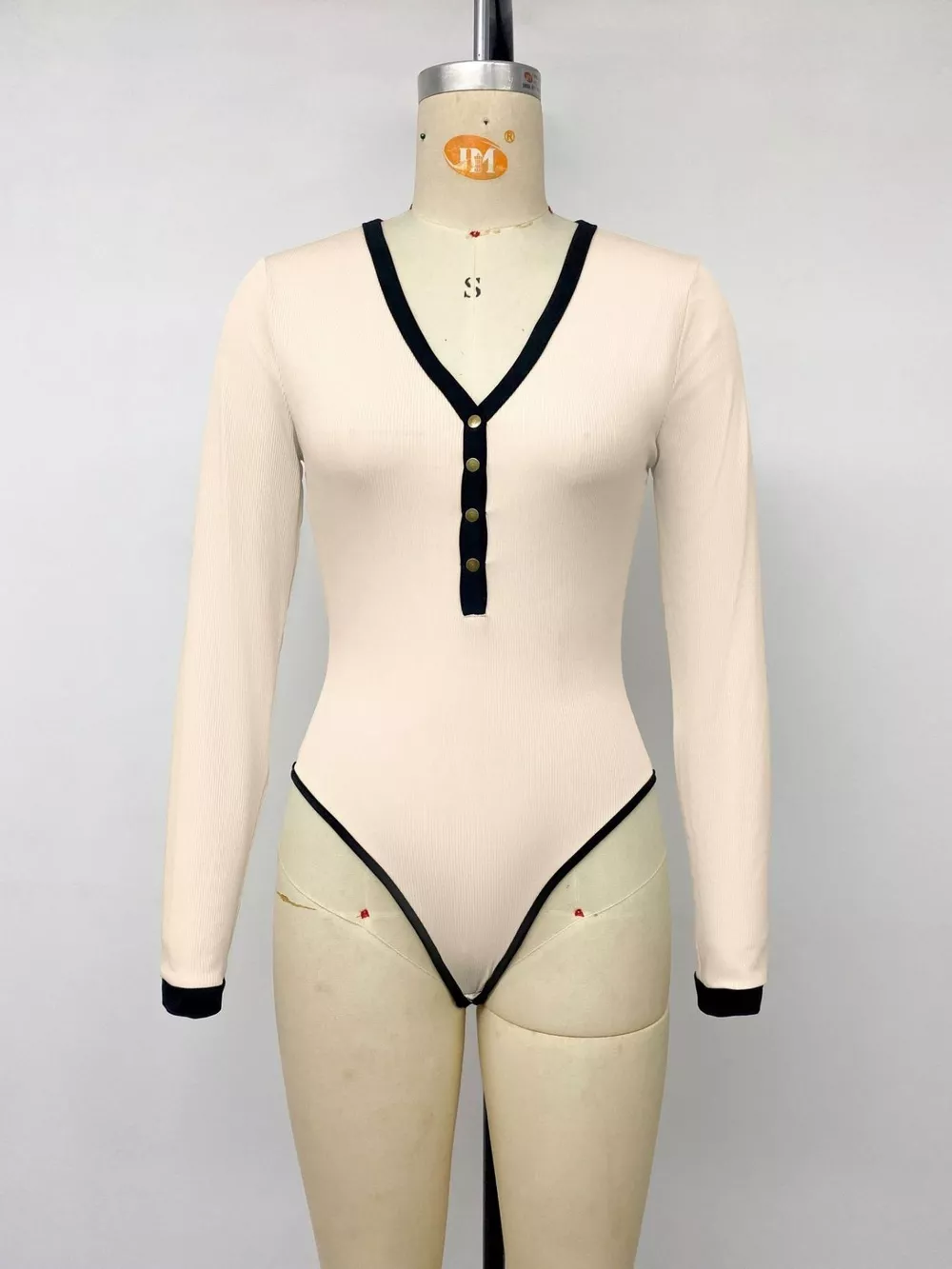 Ribbed V-Neck Long Sleeve Bodysuit with Contrast Trim, image 6