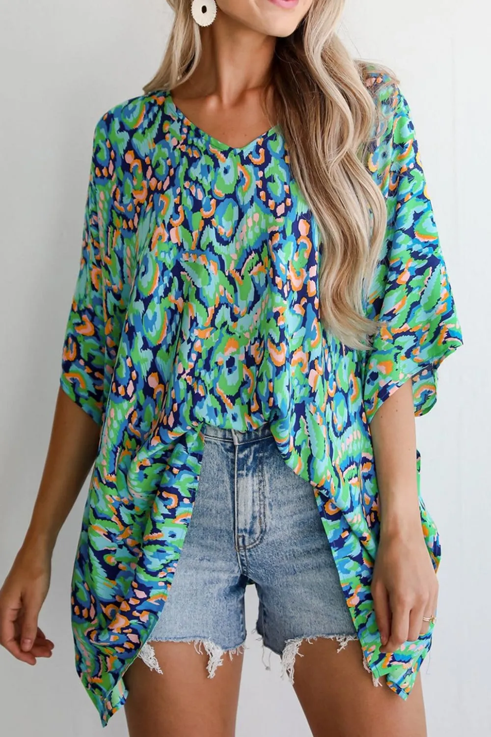 Abstract Print V Neck Half Sleeve Loose Fit Blouse, image 4
