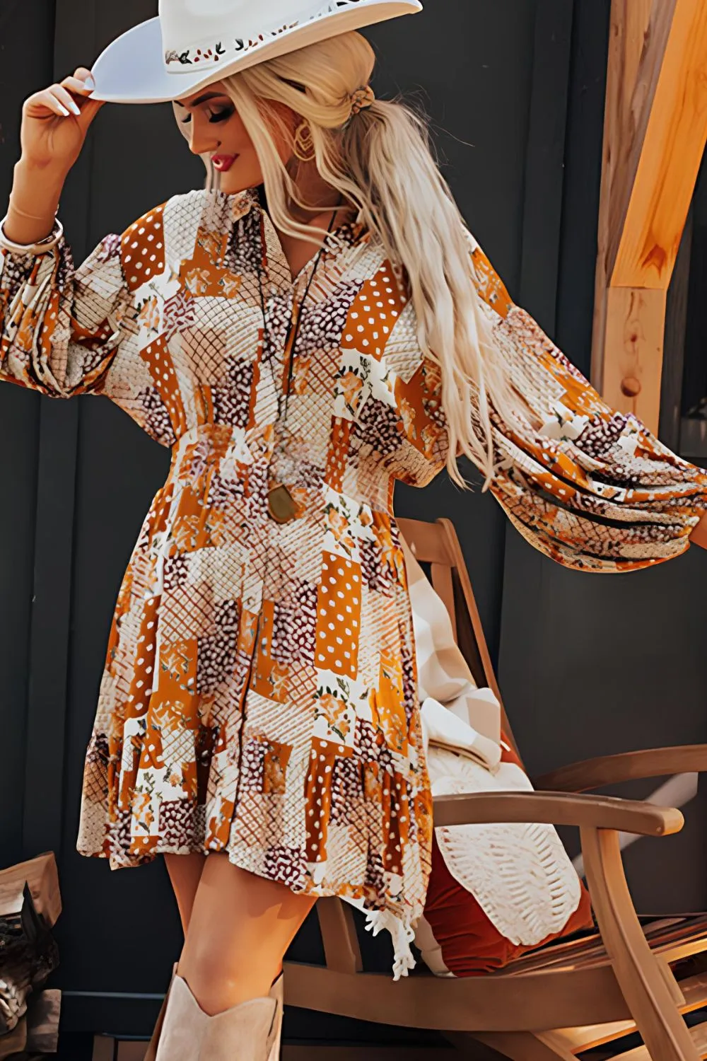 Printed Collared Neck Three-Quarter Sleeve Mini Shirt Dress, image 3
