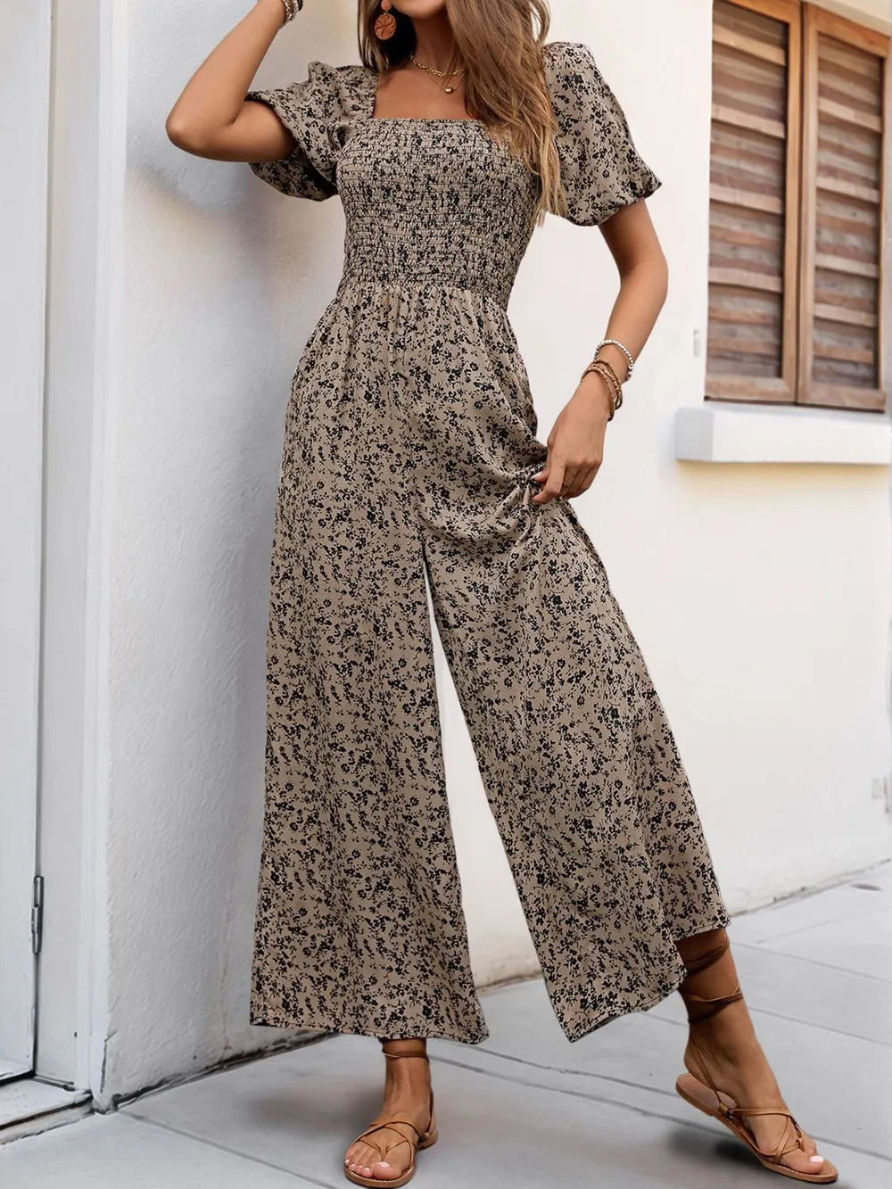 Smocked Printed Square Neck Puff Sleeve Jumpsuit, image 3