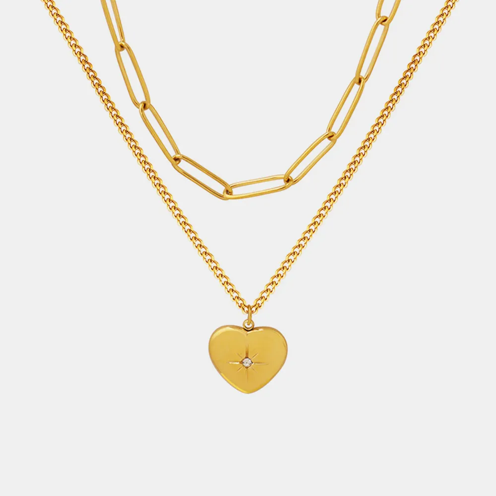 Inlaid Zircon Double Layered Heart Pendant Necklace, image 4
