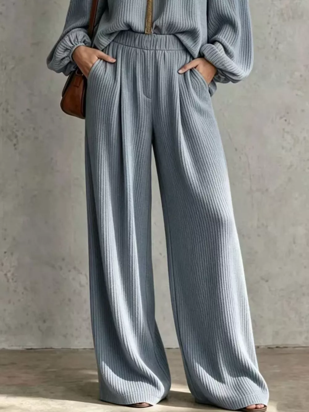 Off-Shoulder Crisscross Cutout Ribbed Knit Top and Wide-Leg Pants Set, image 6