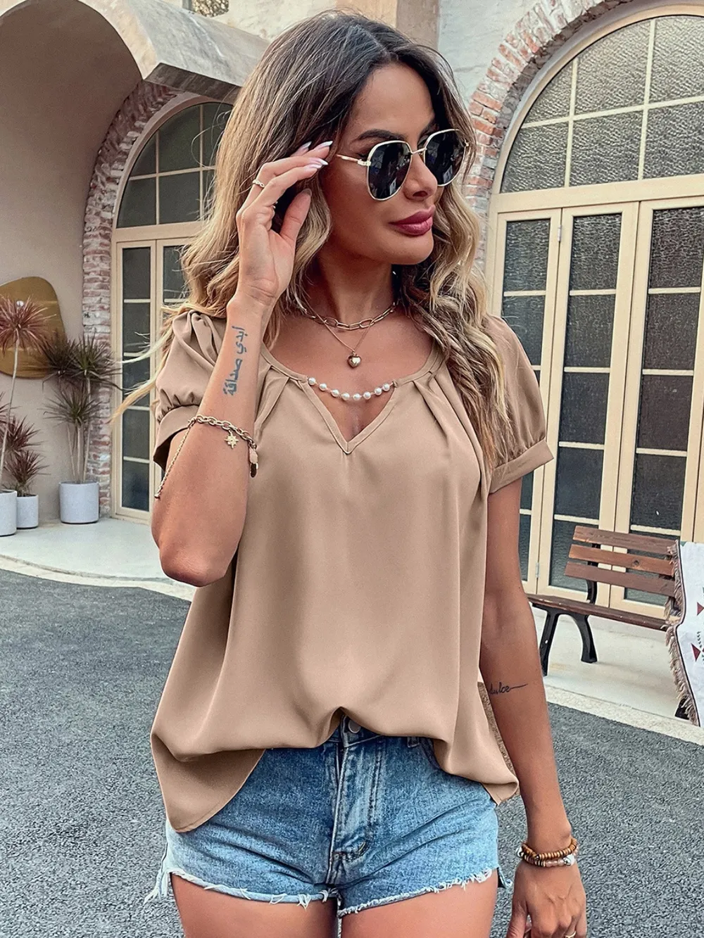 Pearl Detail Notched Short Sleeve Blouse, image 5