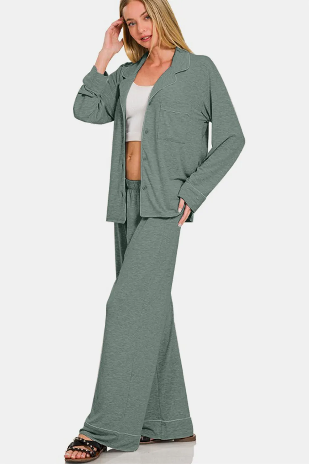 Button Down Long Sleeve Top and Pants Lounge Set, image 2