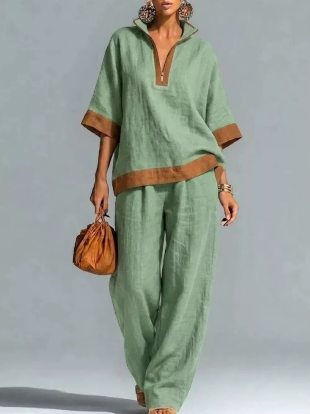 Full Size Contrast Trim Top and Wide Leg Pants Set Plus Size, image 4