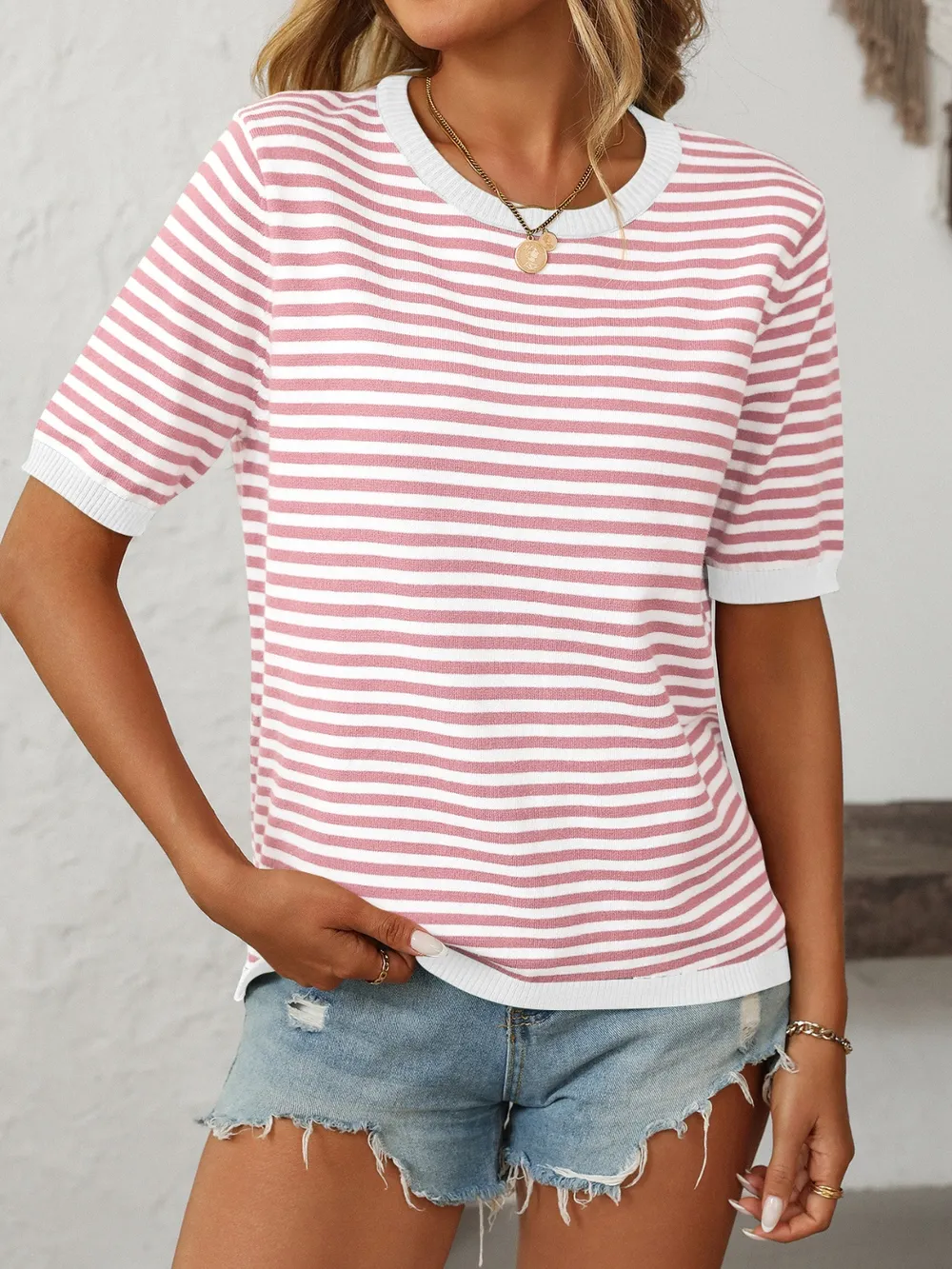 Striped Round Neck Half Sleeve Knit Top, image 4
