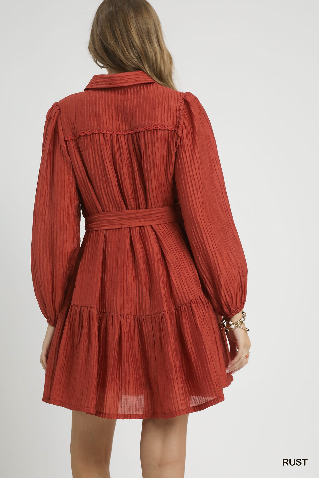 Crinkle Button-Front Tiered Mini Dress with Waist Tie, image 3