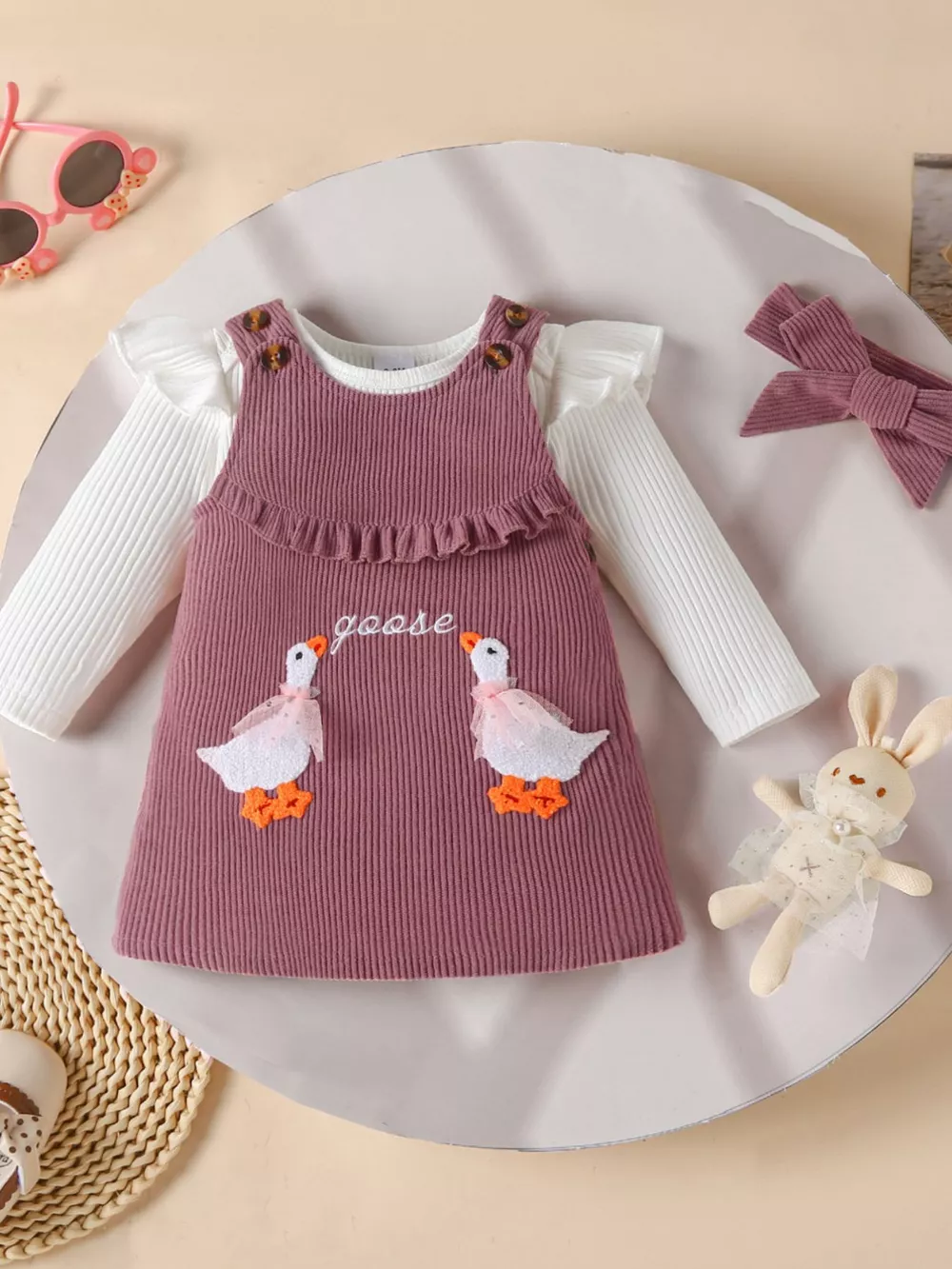 Children's Ruffled Trim Bodysuit and Dress Set with Headband, image 11